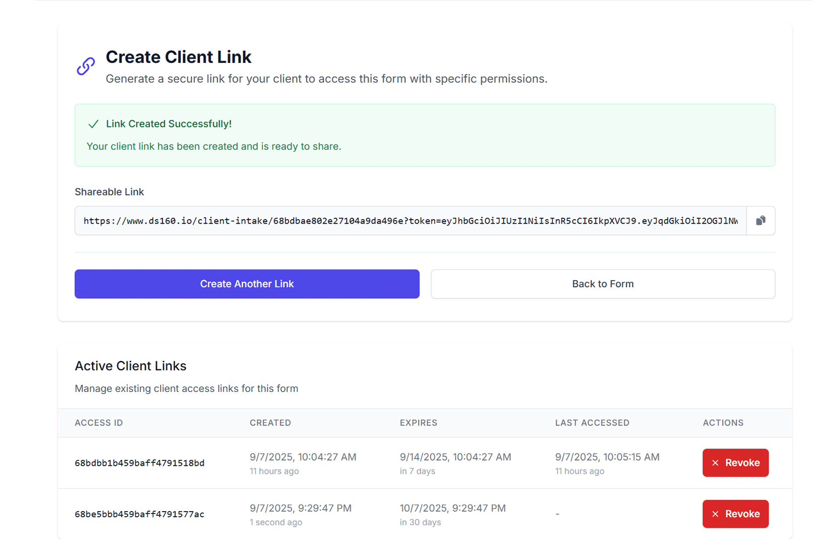 Client links management interface showing how to create and share unique client intake links
