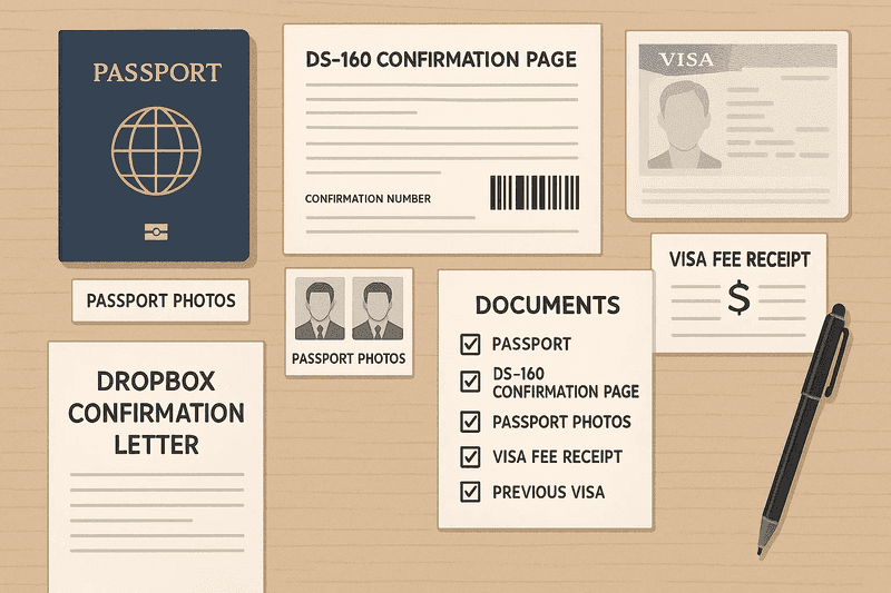 All required dropbox documents laid out: passport, DS-160 confirmation, visa photo, fee receipt, previous visa, and checklist.