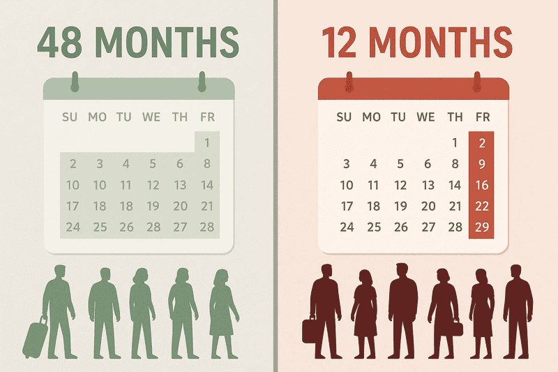 Comparison of dropbox eligibility: previously 48 months (many applicants) vs. now 12 months (fewer eligible).